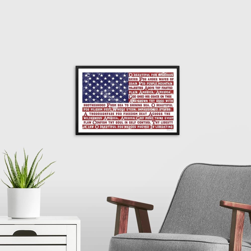 America The Beautiful Flag Black Float Frame Canvas Art, American Flag Artwork