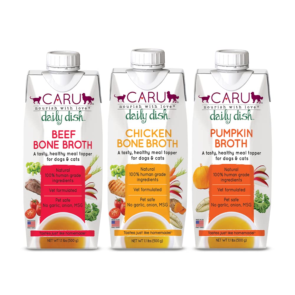 Caru Daily Dish Beef-Chicken-Pumpkin Broth 17.6oz Variety Pack (3 Pack)