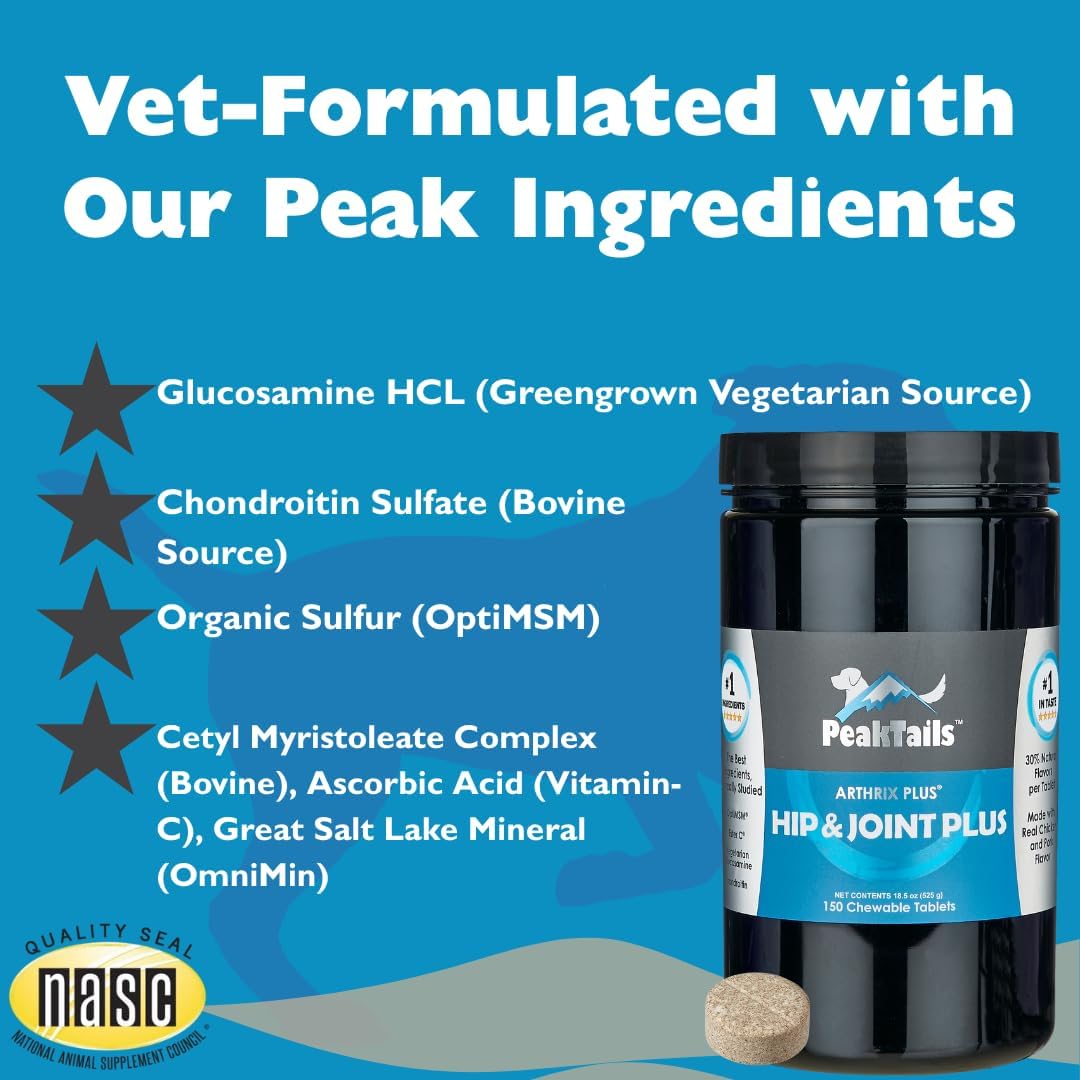 KALA HEALTH PeakTails Arthrix Plus, 150 Count Tablets, Provides Hip & Joint Support for Dogs, Formulated with Clinically Studied Ingredients, MSM, Glucosamine, Chondroitin
