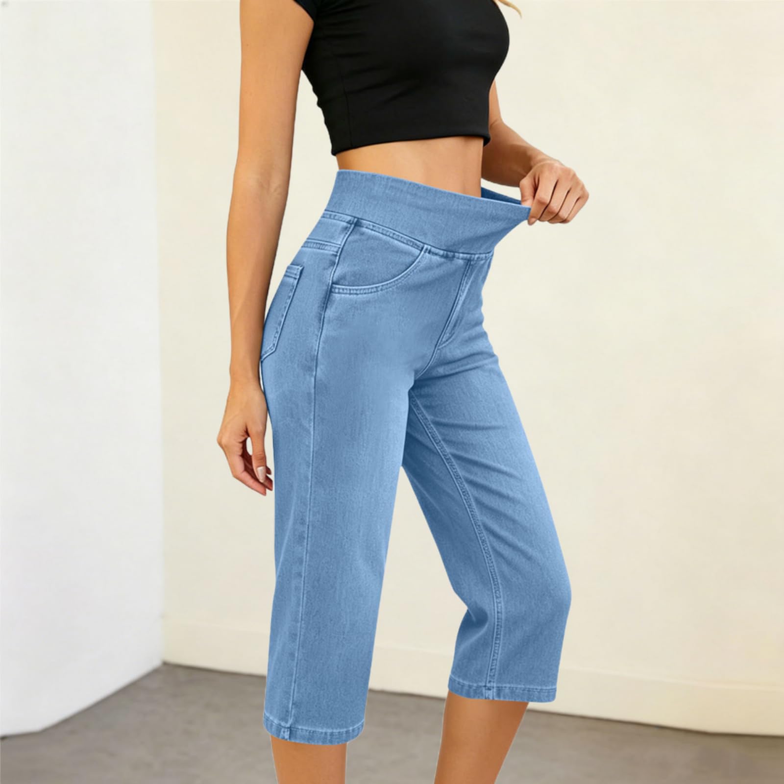 Genérico Pantalones Vaqueros Tobilleros para Mujer con Cintura elástica | Pantalones capri casuales de verano, suaves y de tiro alto con bolsillos; estilo pierna ancha y tendencia Y2K, ideales para v
