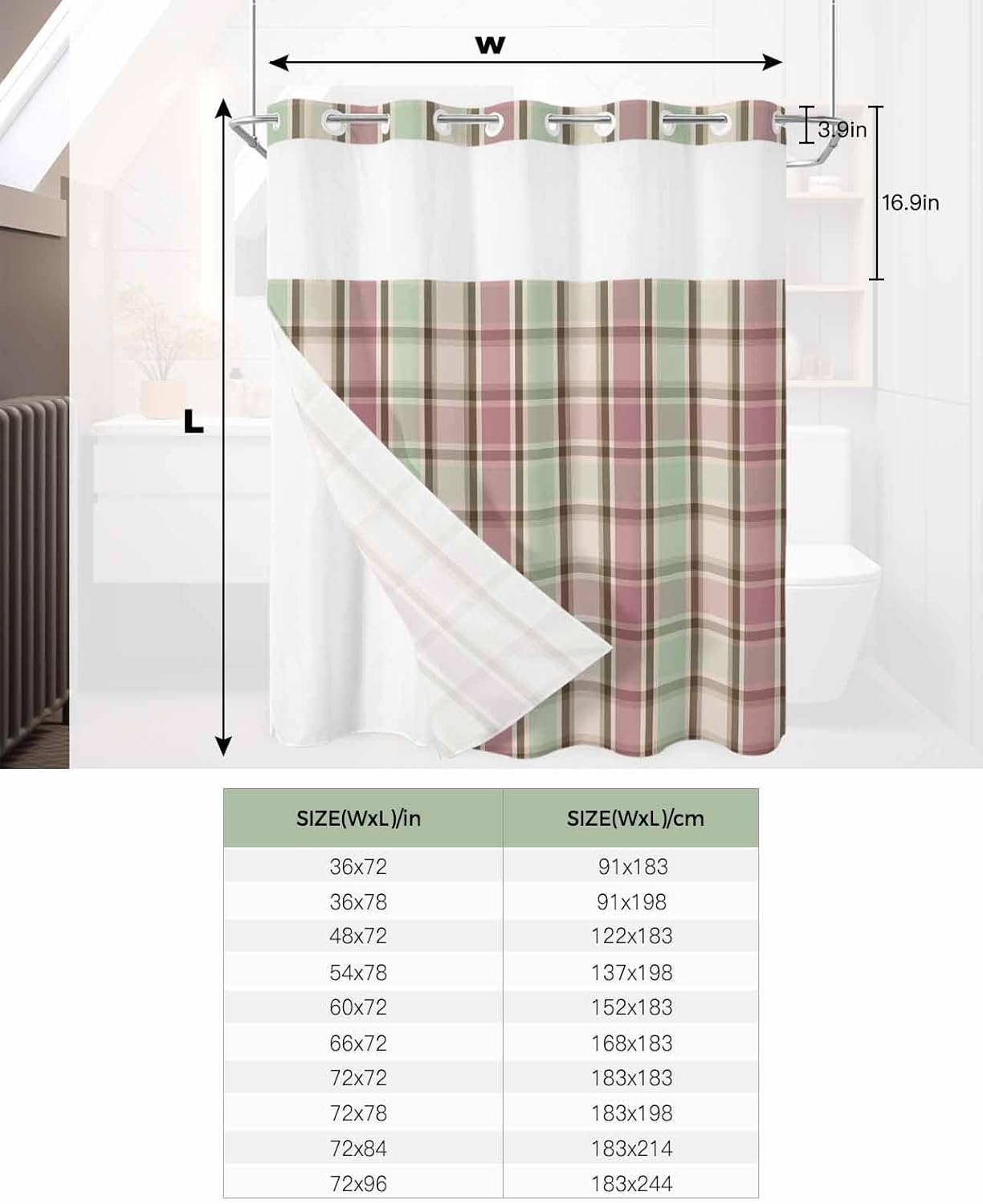 No Hook Shower Curtain with Snap in Fabric Liner Set Green Pink Buffalo Plaid Shower Curtain for Bathroom Pastoral Checked Bath Curtains Waterproof Inner with See Through Top Window for Spa 72x72