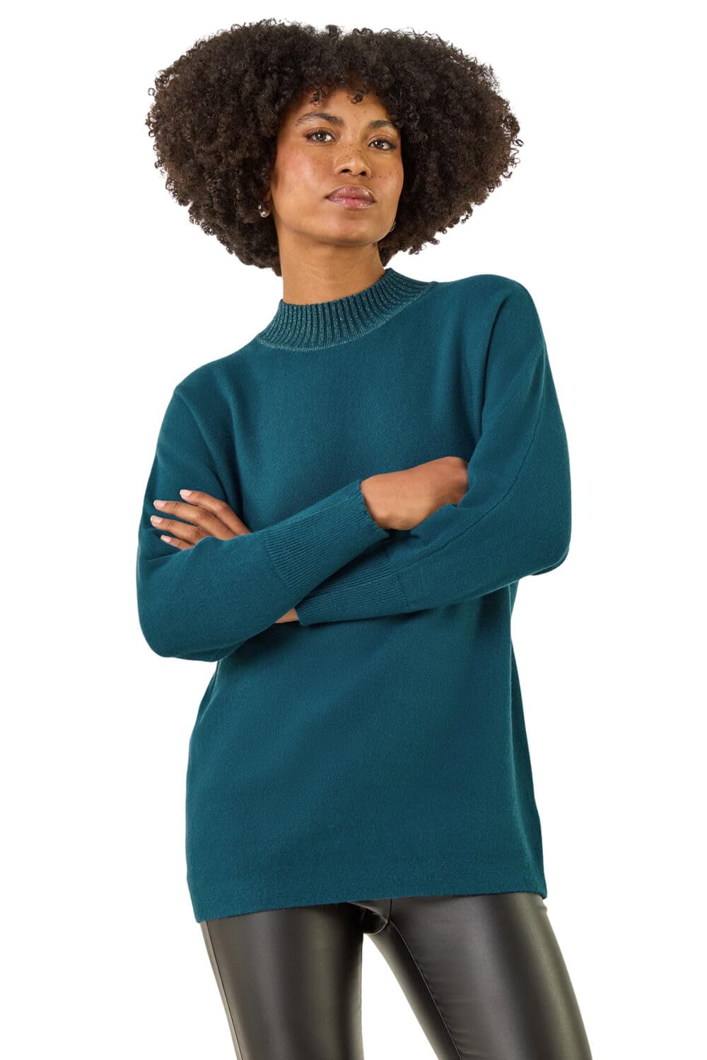 Roman Originals Women's Teal Metallic Tie Front Knitted Jumper For Uk - Everyday Autumn Winter Round Neckline Comfy Soft Evening Vacation Work Party Night Out - Size 14