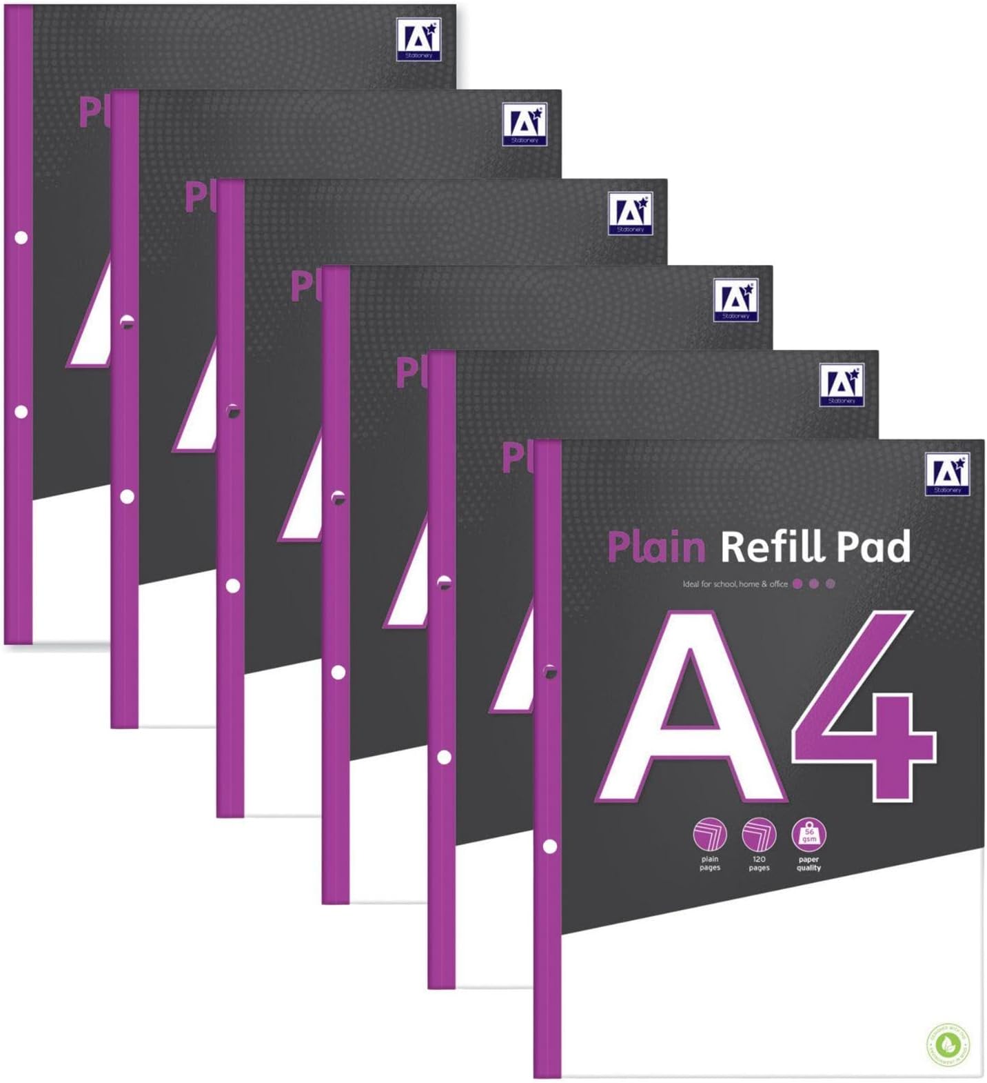 A4 Plain Refill Pad Notebook Writing Paper - 6 Pack 120 Pages Hole Punched Note Paper - Sketch Pad Folder Binder Ready Study - Work Office School College Filing - 100% Recyclable