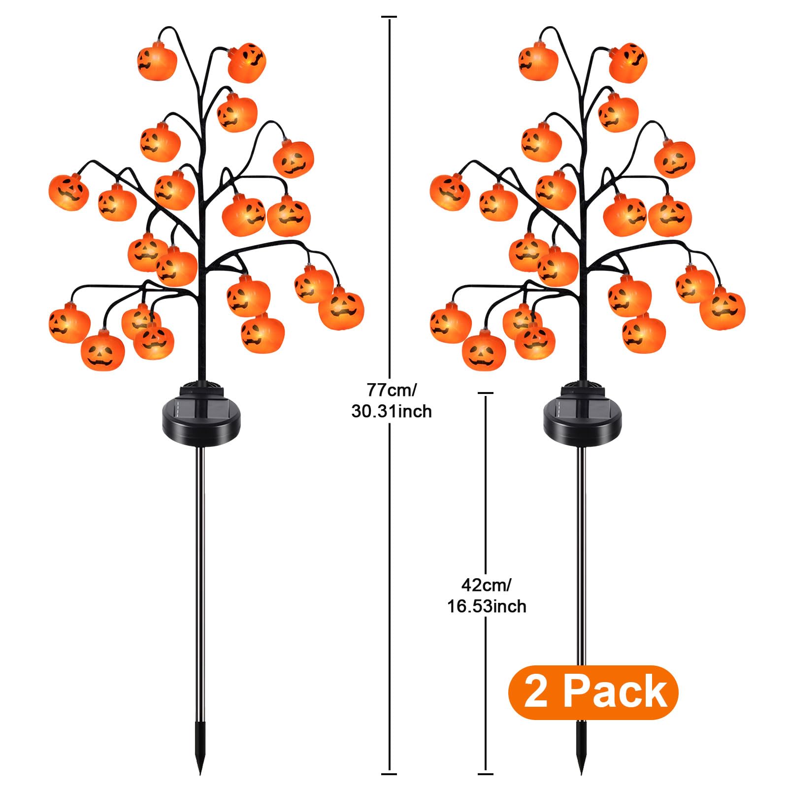 Dekoracja na Halloween, lampy solarne do ogrodu na zewnątrz, 2 sztuki, 20 diod LED, 2 tryby, wodoodporna, dekoracja, ogród, Halloween, pomarańczowa, dynia, lampion, ozdoba