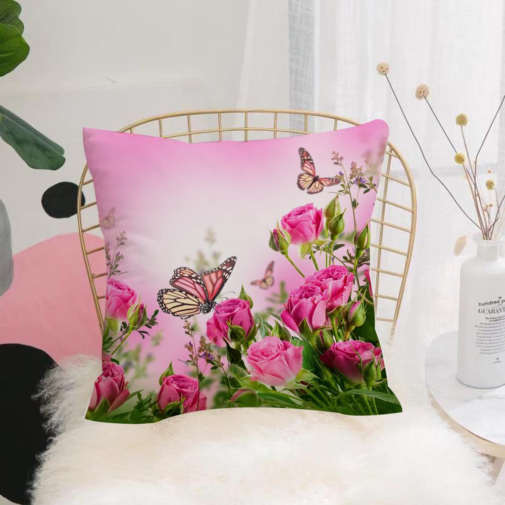 Hyosxw Roses And Butterflies Among Pink Flowers - A2 Cushion Cover,Throw Pillow Case Home Decorative For Living Room Bedroom Sofa Chair 18X18 Inch,Roses And Butterflies Among Pink Flowers,Pillowcase 45X45cm