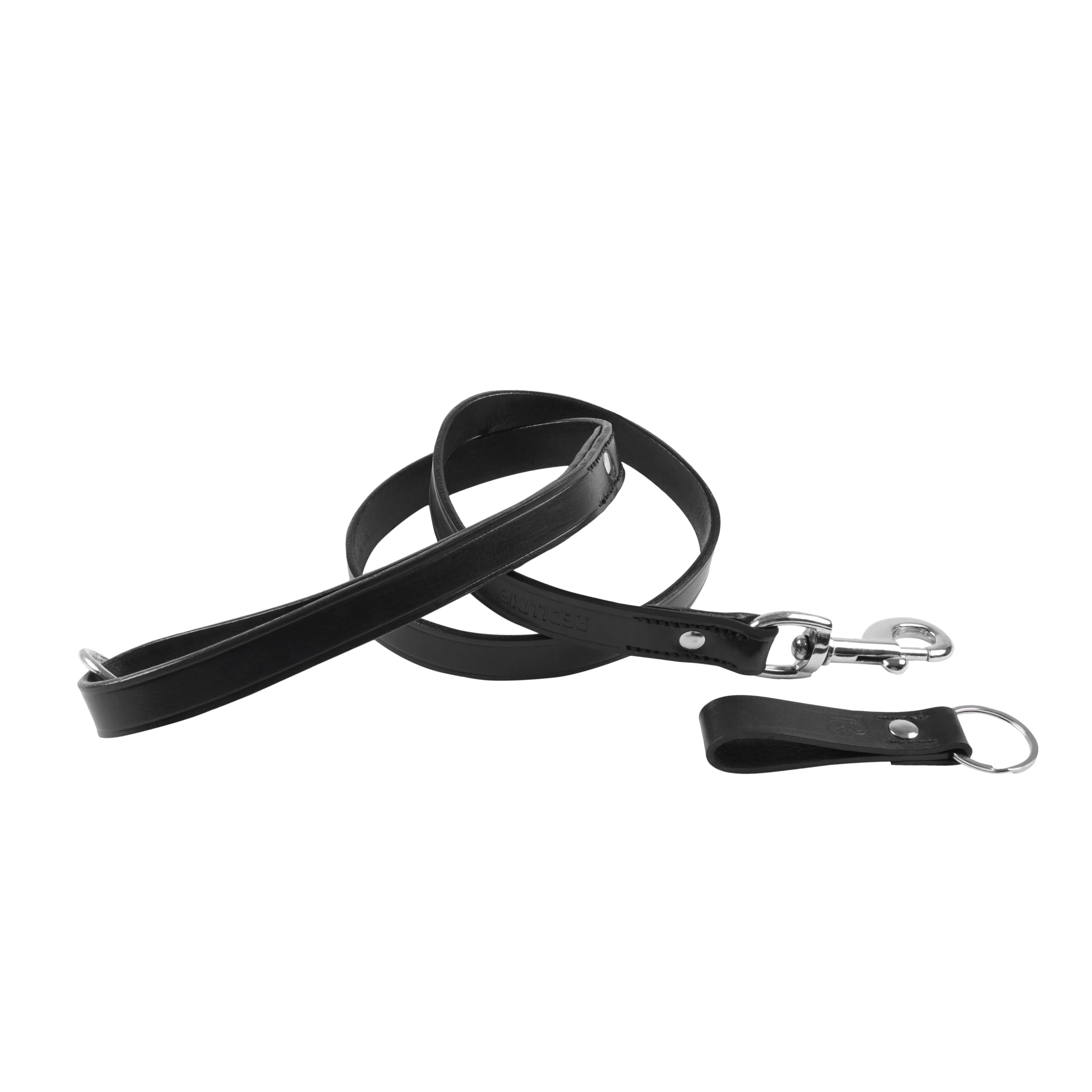 REDLUXE Black Leather Dog Leash with Metal Snap Hook, Free Key Ring (Black Brass)