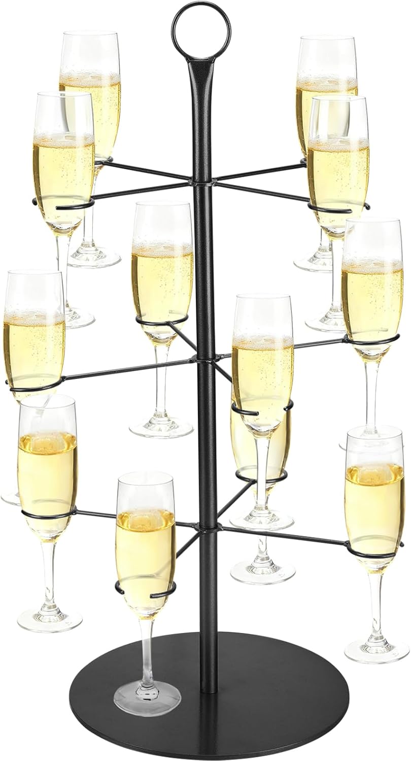 Cocktail Tree Stand - Mimosa Margarita Cups Metal Tower, Drink Towers for Christmas Parties, Champagne Martini Tower for Thanksgiving Holiday Wedding Birthday Party Gifts, Black, 3 Tier 12 Holders