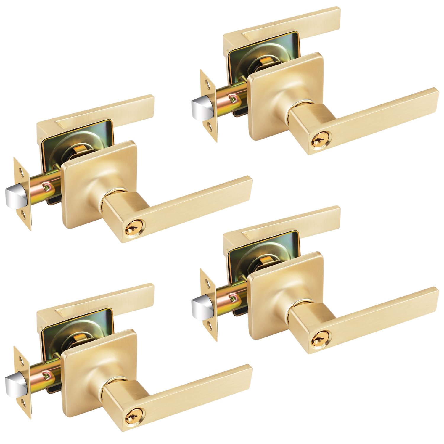 EHOMEWARE Paquete de 4 manijas de puerta de entrada con cerradura y llaves, latón cepillado, pomos dorados con llaves para dormitorio o sala de estar, uso interior o exterior