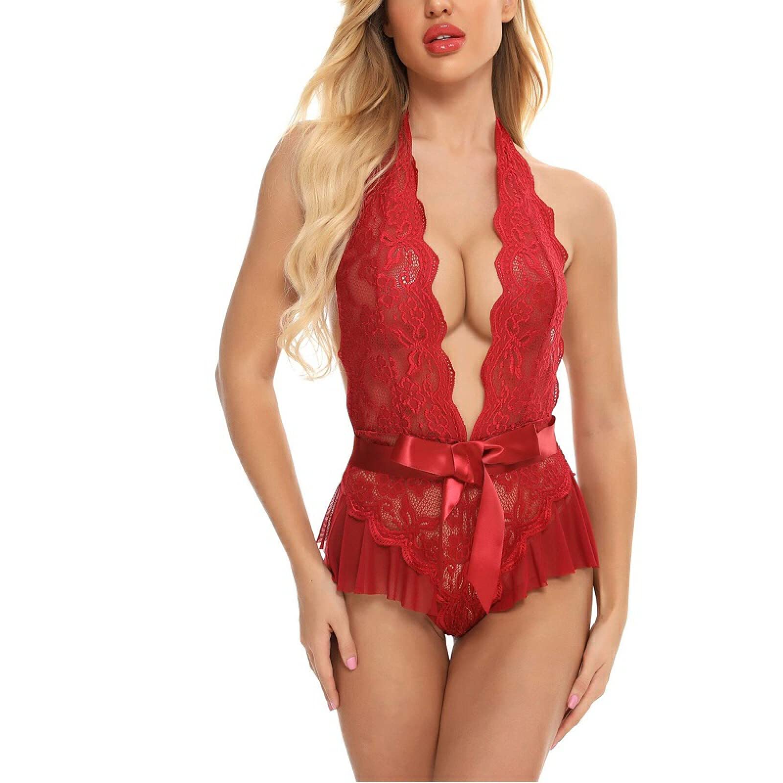 Dessous Für Damen Body Mit Tiefem V-Blumenstickerei Und Spitzennähten