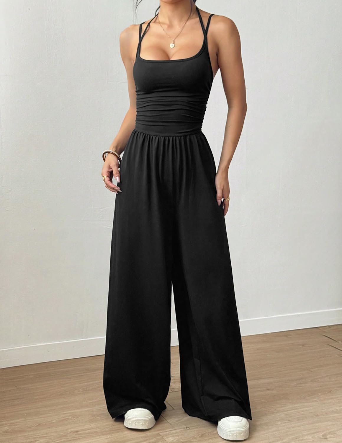 LIAMERHE Combinaison Femme Été Élégante Dos Nu Col Licou Sexy Pantalon Large Fluide Taille Haute Chic Sans Manches Jumpsuit pour Mariage Plage Décontracté Mode Barboteuse