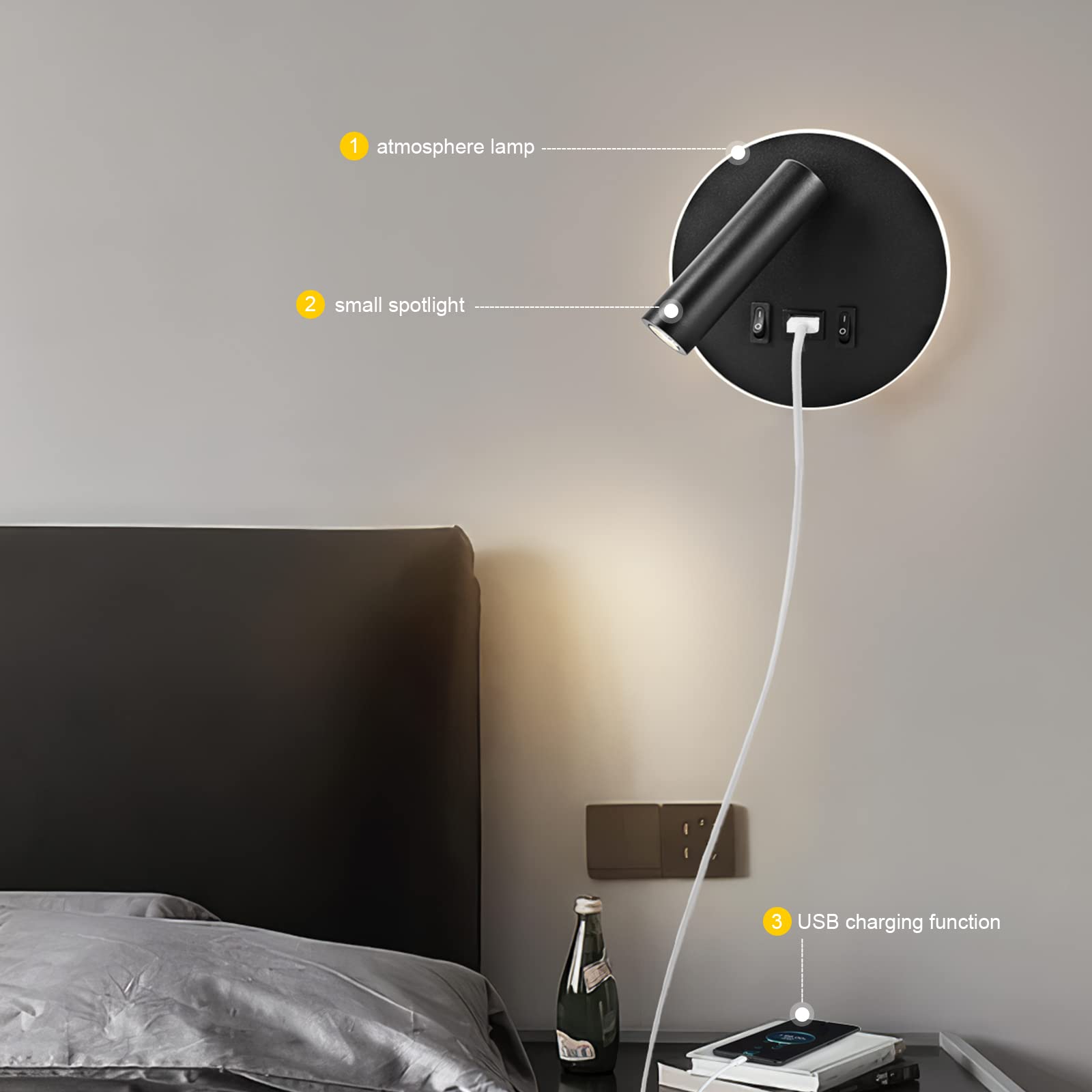LED wandleuchte mit schalter, Innen Leseleuchte (3 W 3000K + 9 W 3000K), nachttischlampe am Bett wandmontage mit USB Ladeanschluss und Schalter, dimmbares Spot Schlafzimmer Stimmungslicht (2 Schwarz)