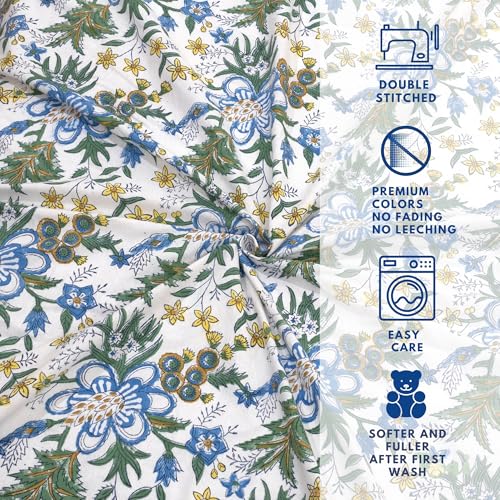 Image of TOAI Hand Block Printed Bedsheet | Bed Spread Flatsheet Bed Sheet | Pure Cotton | Queen Size 90 inchx108 inch | 210 TC Long Staple Cotton | 2 Reversible Pillow Covers |Blue Green Motives On White