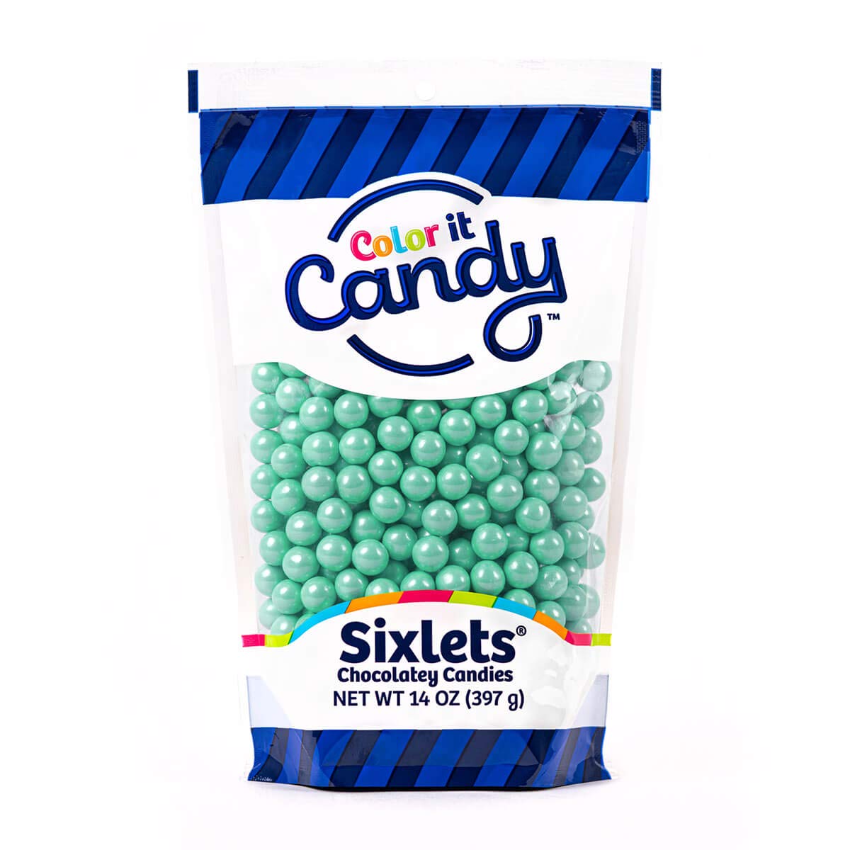 Color It Candy Shimmer Turquoise Sixlets 14 Oz Stand Up Bag - Perfect For Table Centerpieces, Weddings, Birthdays, Candy Buffets, & Party Favors.