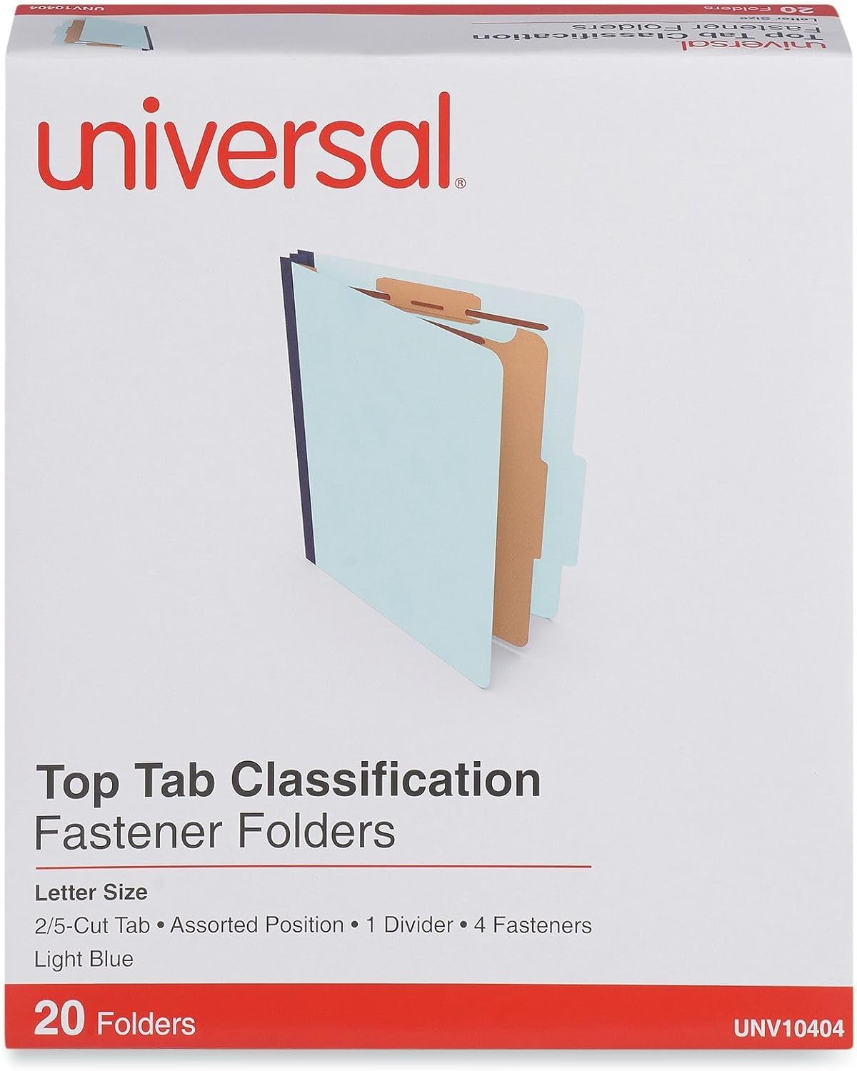 Universal Light Blue Top Tab Classification Fastener Folder, Letter Size, 2/5 Cut, 1 Divider, 4 Fasteners, Pack of 20