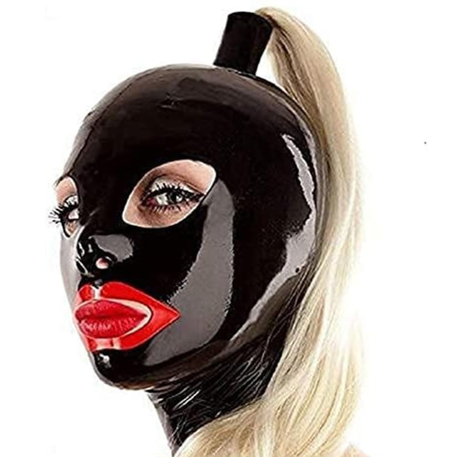 WXLPCGO Latex Hood with Blond Ponytail Wig Rubber Black Head Mask Open Eyes Mouth Back Zipper Handmade for Cosplay(Size:XXL-73CM)