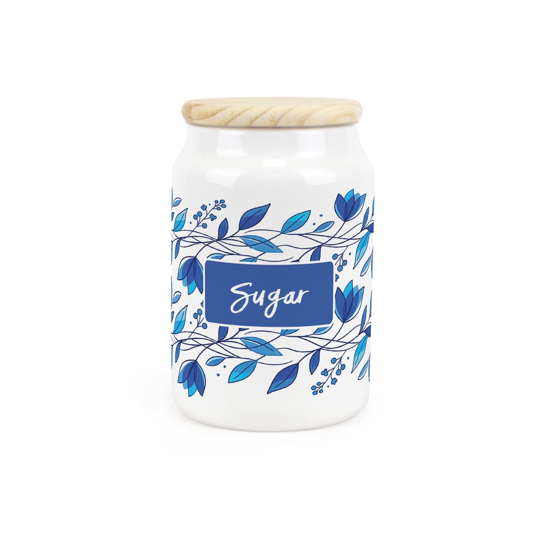 Purely Home Blue Petals Sugar Canister - Ceramic Kitchen Storage Container with Wooden Lid 600ml (14.5cm x 9.5cm)