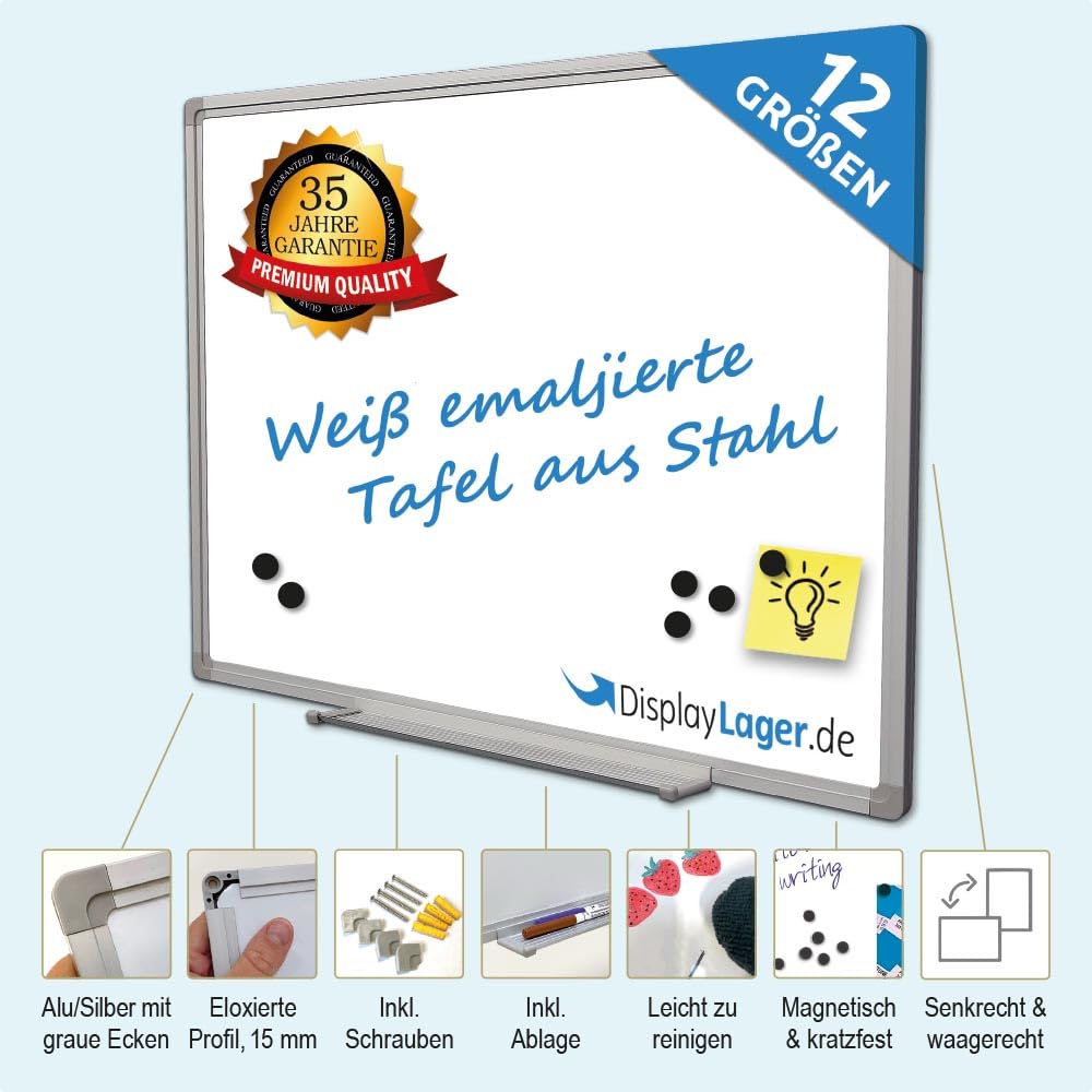 DisplayLager Whiteboard Magnetisch Emailliert - Ideal für Office, Schule, Lehrerzimmer, Küche und Seminarräume, 35 Jahre Garantie (150 cm x 100 cm)