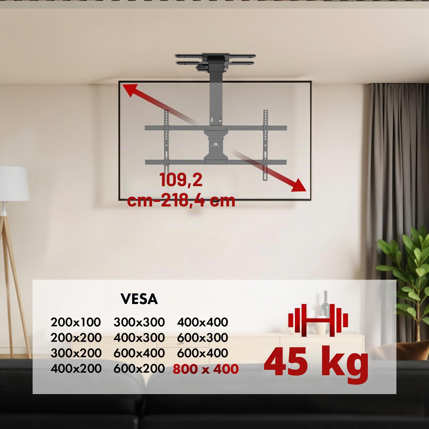 Supporto soffitto elettrico Maclean MC‑110 T TV 43-86″ fino a 45 kg VESA 800×400 inclinazione –80° motorizzazione Tuya telecomando sistema anti collisione nero