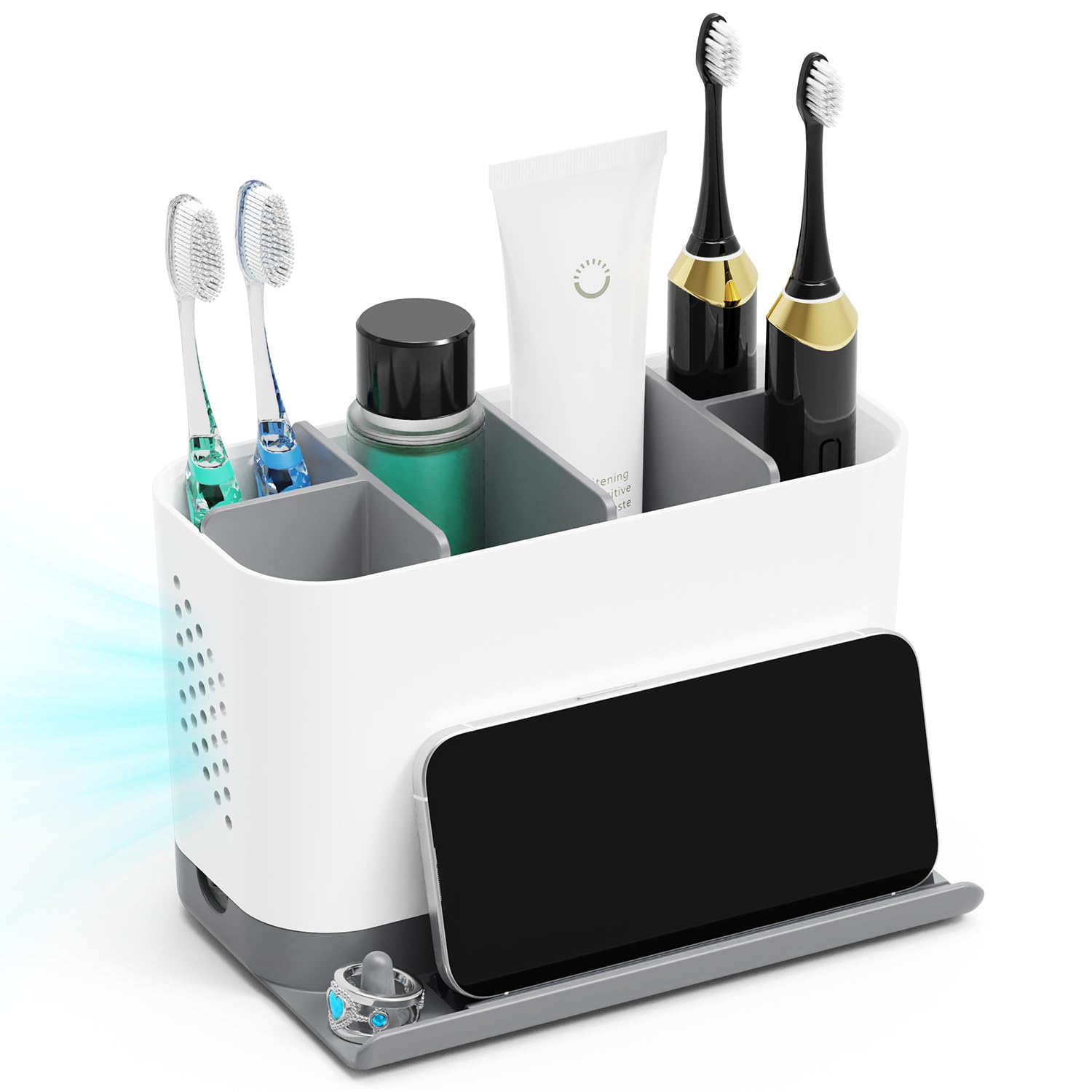 Toothbrush Holders for Bathrooms, Adjustable 6 Slots Electric Toothbrush and Toothpaste Holder, Cord-Friendly Detachable Bathroom Countertop Organizer with Front Ledge for Phone and Ring Holder Grey and White