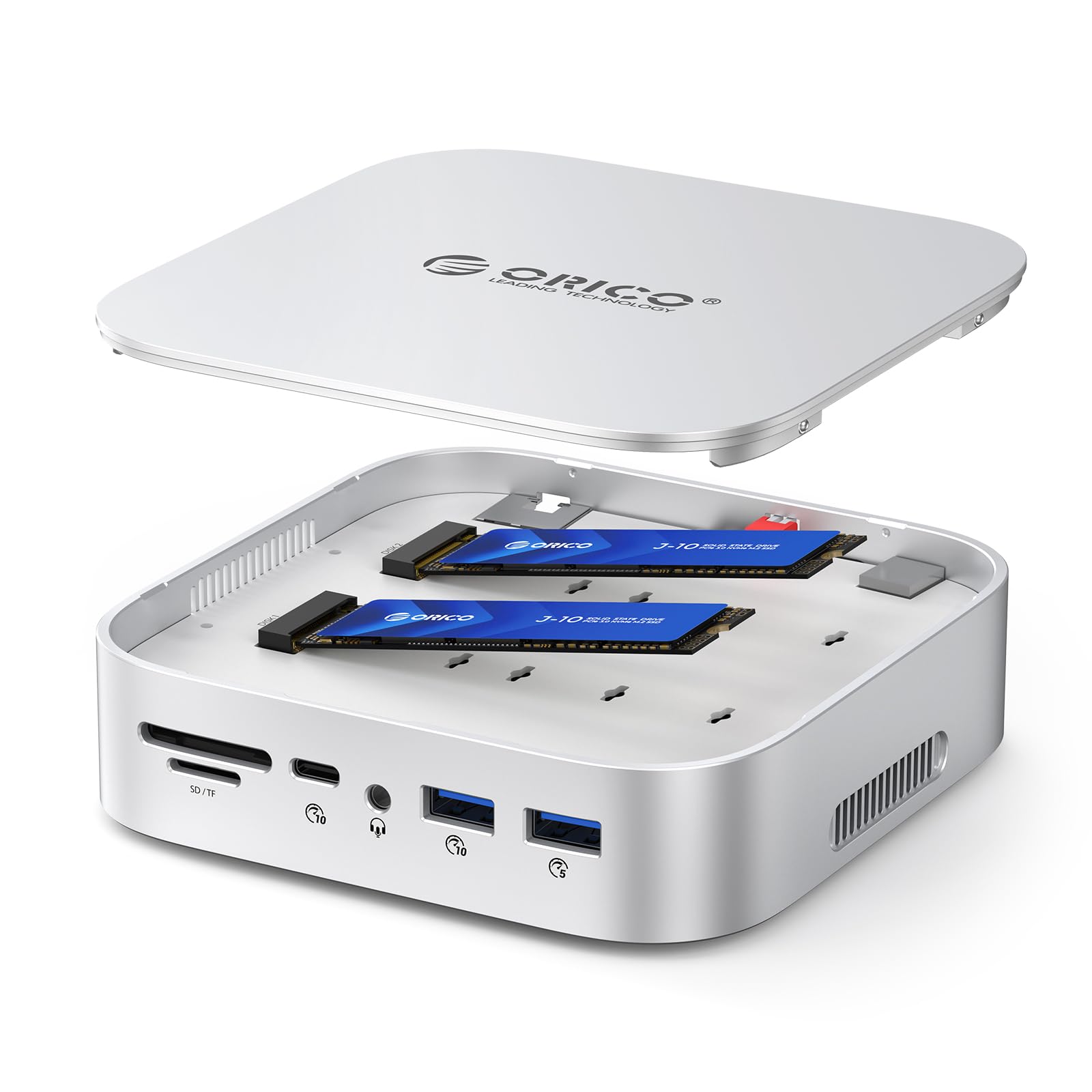 ORICO Mac mini M4 Dock Dual-Bay NVMe/SATA, docking station USB-C 10 in 1 con HDMI 4K, 10 Gbps, USB C USB A, PD60W, lettore di schede SD/TF, RJ45 1000 Mbps e alloggiamento Dual SSD per Mac mini M4 e M4