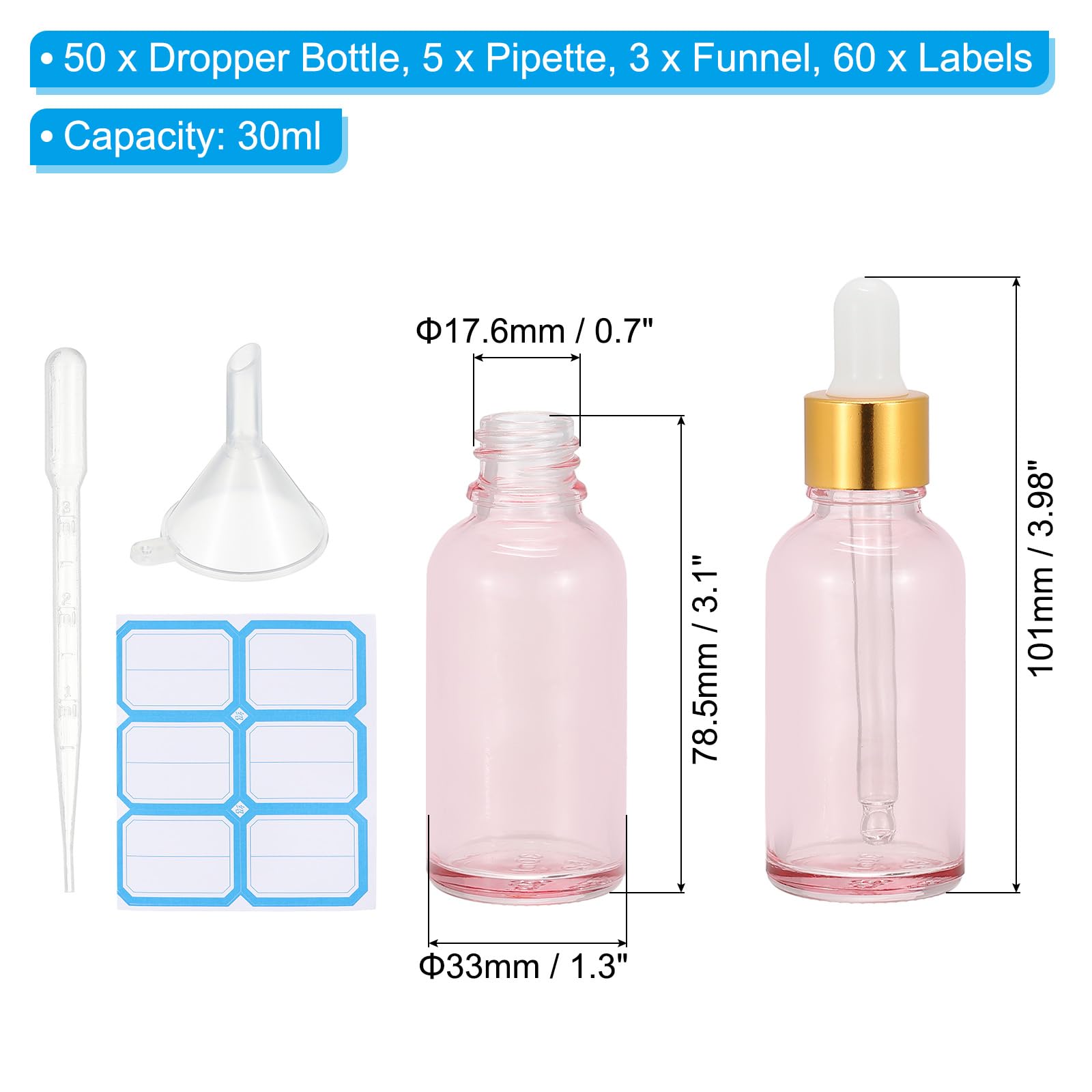 PATIKIL 30ml Glas Pipettenflasche 50Stück Dichte Augentropfer Ätherische Öle testen Flüssigkeit Parfüm Behälter Mit Pipette Trichter Etikett Für Aufbewahrung Zuhause Reisen Rosa Gold