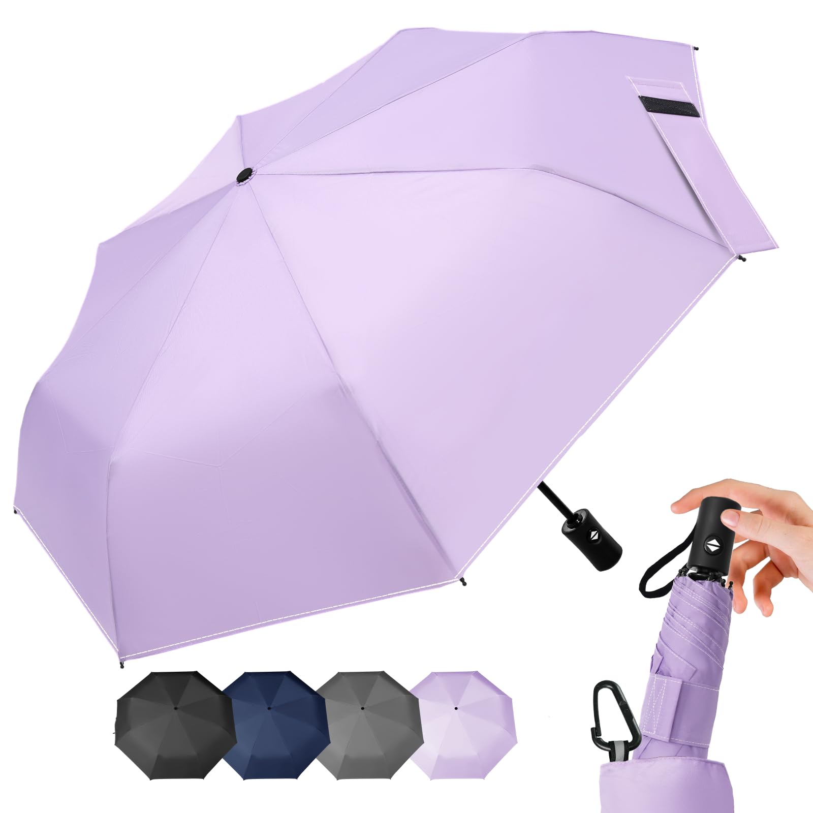 LILAC Regenschirm Klein Stabil Windfest, 110cm Taschenschirm Auf-Zu-Automatik, Kompakter Reiseschirm mit Klettverschluss & Karabiner, Leicht Faltschirm für Damen Herren