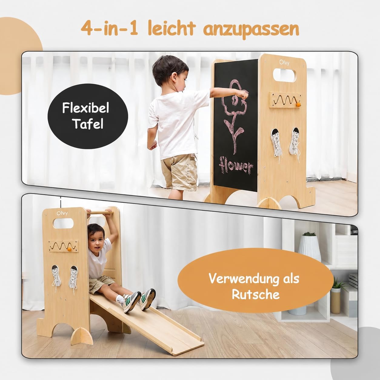 Olvy Kids 4-in-1 Montessori Lernturm - Learning Tower - Trittleiter Holz - Kindertritt 4 Stufen - Küchenturm Kinder - Steh Lernturm ab 1 Jahr - Kindertreppe Faltbar