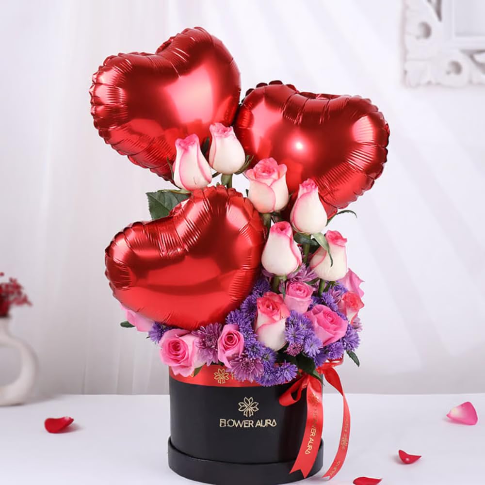 FlowerAura Romantic Fresh Live Flower Bouquet of 12 Roses & Daiisy With 3 Balloon In Box Gift For Birthday | Anniversary | Love Surprise | Rose Day | Valentine's Day | Propose Day (Same Day Delivery)-image-49