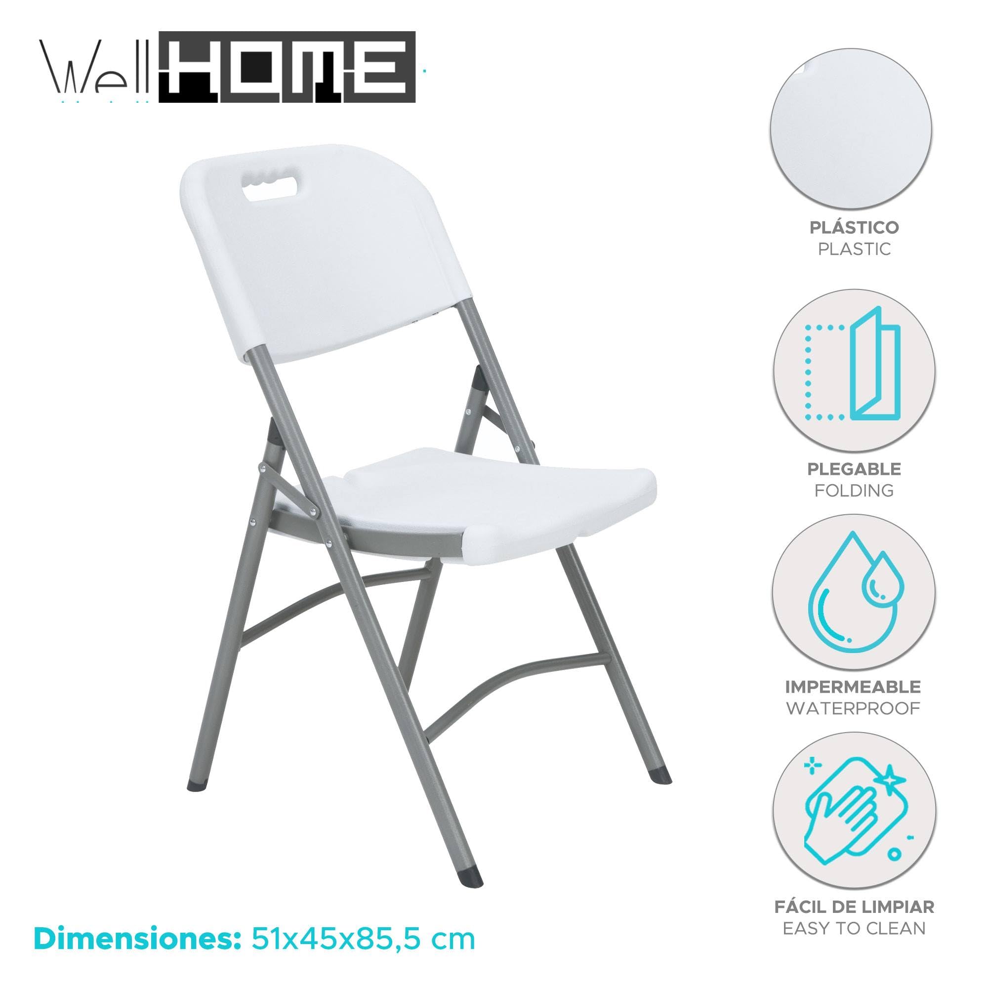 WELL HOME MOBILIARIO & DECORACIÓN Set de 4 Sillas, 5cm Plegable para Exteriores, Blanco, 51x45x85,5