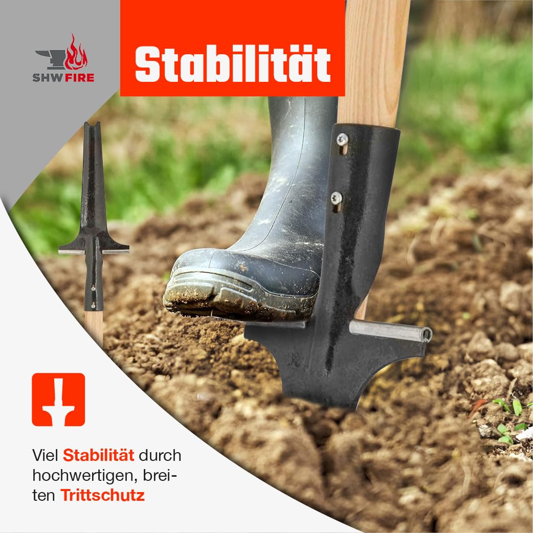 SHW-FIRE Unkrautstecher Profi mit 82cm Eschenholzstiel - Handgeschmiedet mit praktischem Tritt