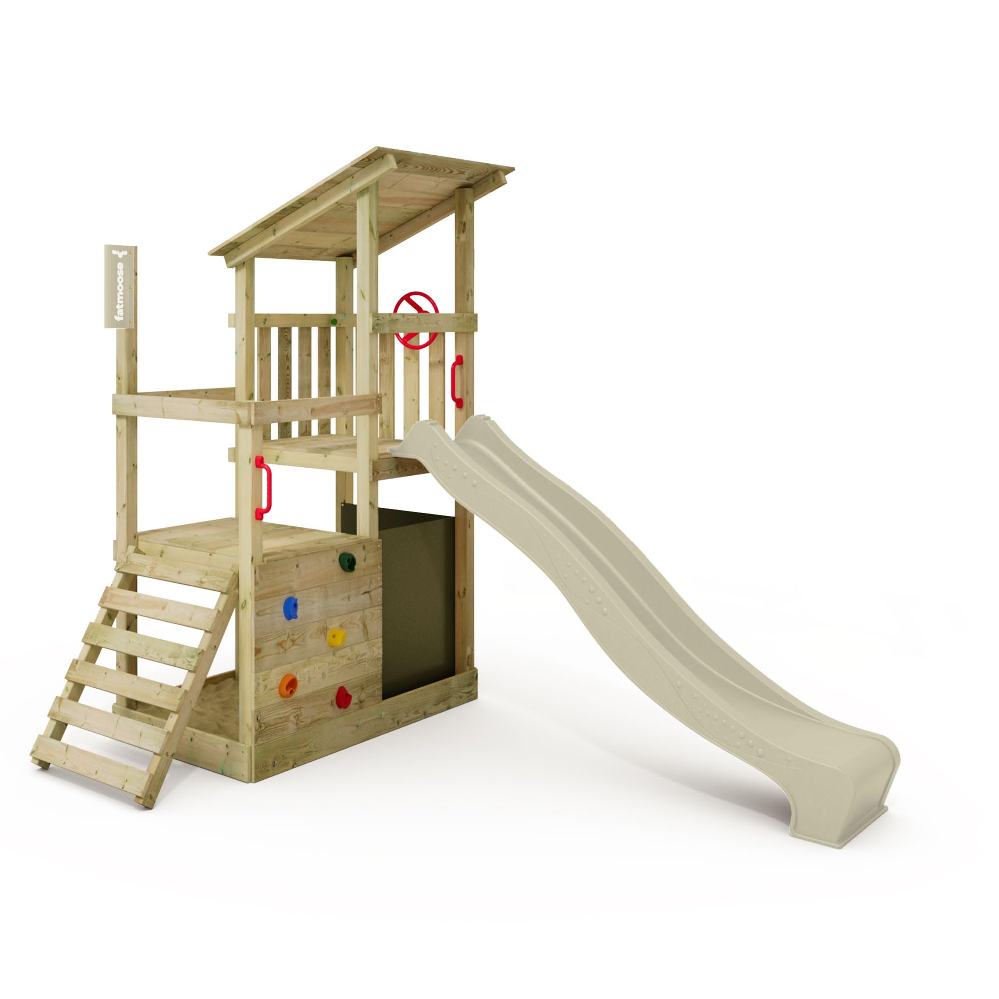 FATMOOSE Spielturm FruityForest Fun XXL, salbeigrüne Rutsche | Klettergerüst, Outdoor Kinder Kletterturm, mit Sandkasten, Leiter & Spiel-Zubehör, für den Garten