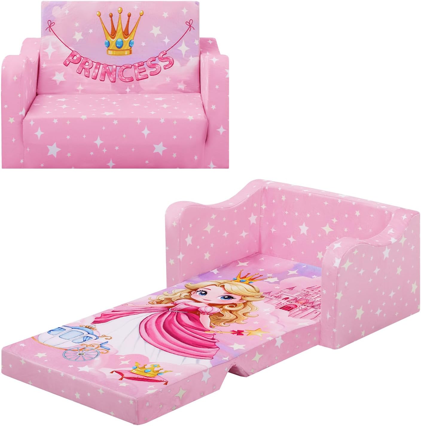 Comfy Kids Couch, 2-in-1 Folding Kids Sofa Bed for Toddler Girls, Convertible Sofa to Lounger Toddler Couch Chair for Baby Bedroom Playroom Nursery,Princess
