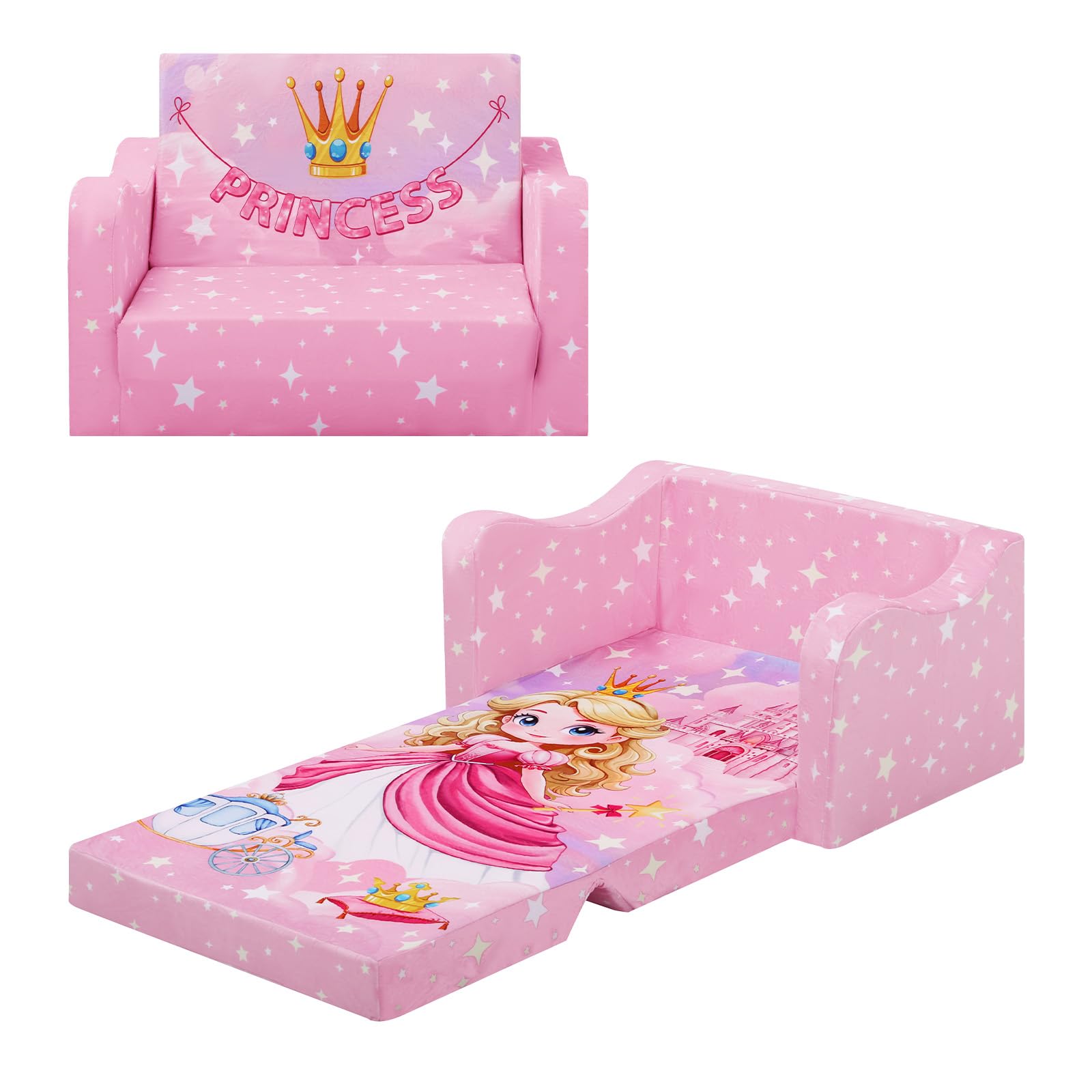 alldomess Comfy Kids Sofa Bed, 2-In-1 Foldable Children Chair Bed For Girls Boys, Convertible Sofa To Lounger Single Sofa Bed Chair For Kids Bedroom Playroom,Princess