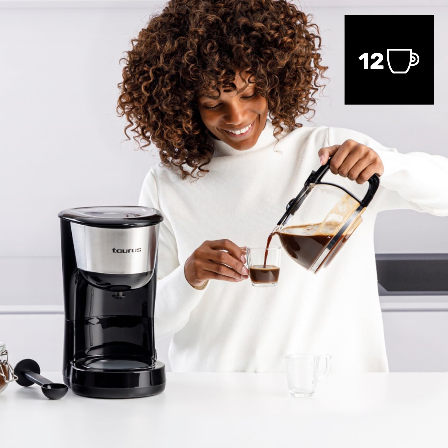 Taurus - Macchina Caffè Filtro Verona 12 | 1000W | 12 Tazze | Pure Coffee Technology | Filtro Riutilizzabile | Caraffa in Vetro | Finiture Acciaio Inox | Piastra Riscaldante | Spegnimento Automatico.