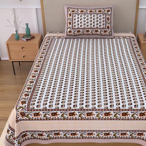 Image of 100% Cotton Single Bedsheet with 1 Pillow Cover | 240 TC Pure Cotton Flat Bed Sheet | Traditional Jaipuri Printed Bedding Set | Soft & Breathable | 60 x 90 Inch (Rangmahal Single 33)