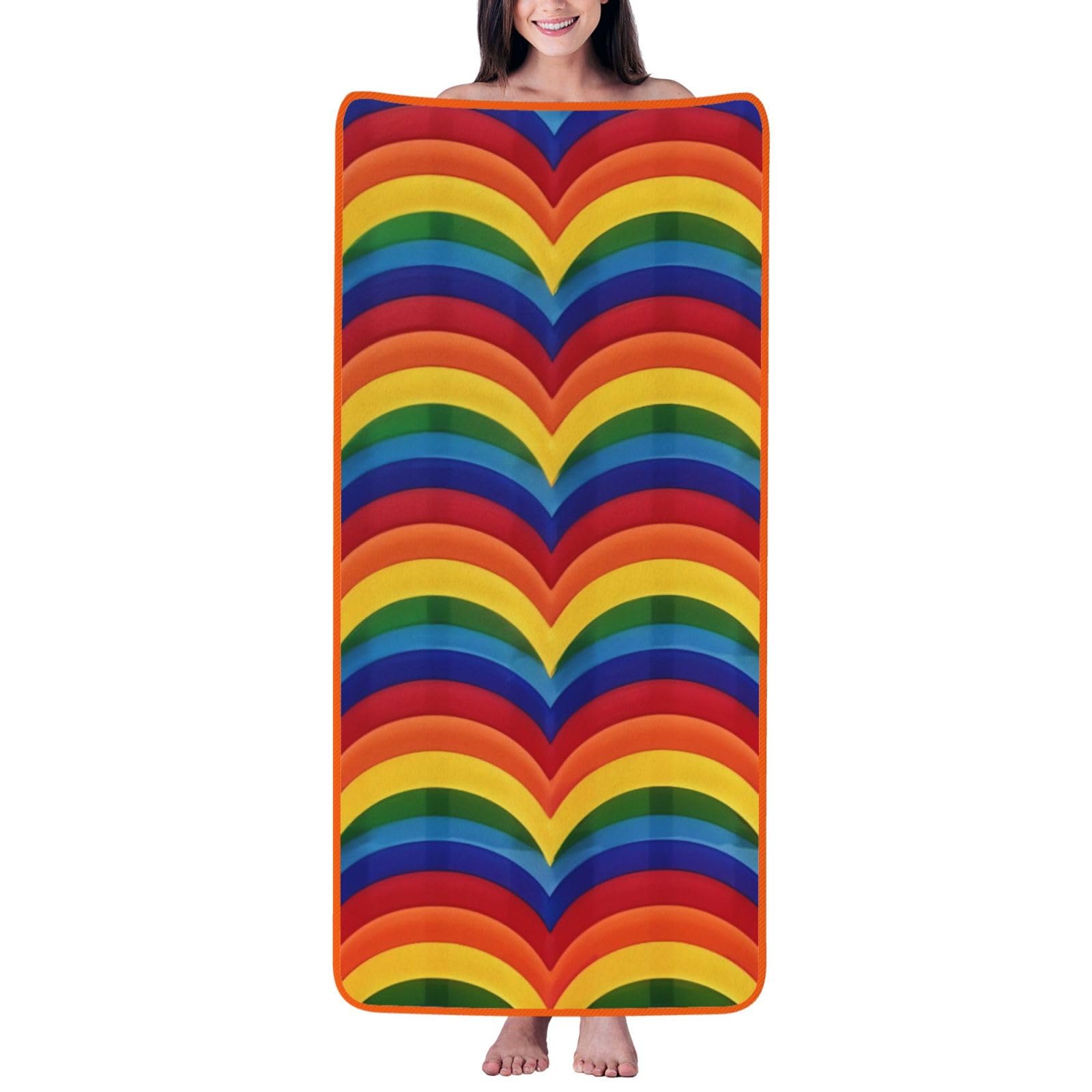 WPKJU Rainbow Pattern Printed Bath Towel with Orange Edging - 27x55 in Soft Extra Absorbent Coral Velvet Shower Towels for Bathroom