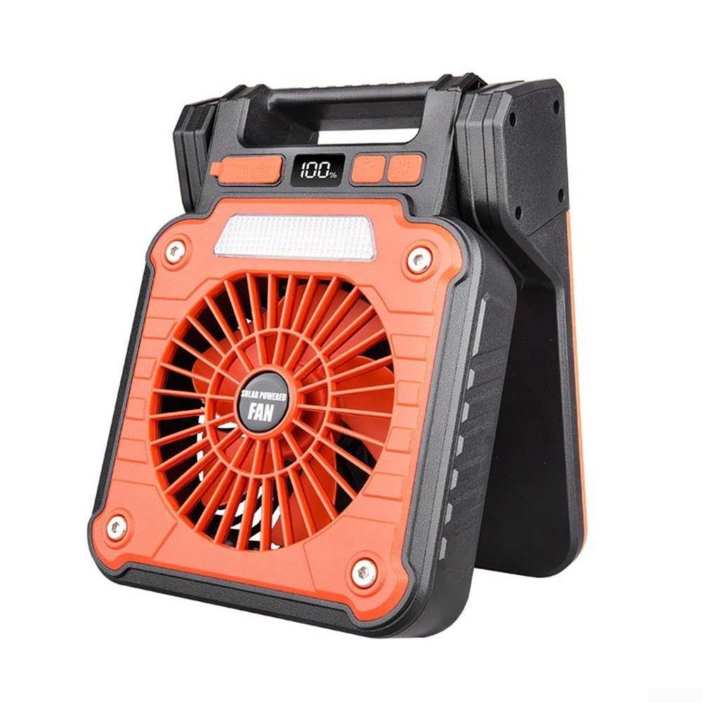 Ventilador de camping con luz LED, recarga solar/USB y cabezal ajustable ABS