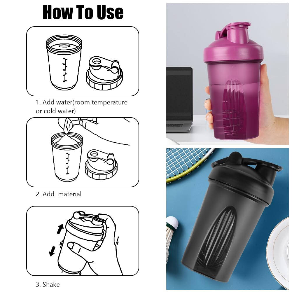 Protein Shaker, 2PCS Shaker Proteico 400 ML, Bottiglia per Shaker con Tappo a Vite e Sfera di Miscelazione, Borraccia Palestra a Prova di Perdite con Maniglia, per Frullati Proteici, Senza BPA