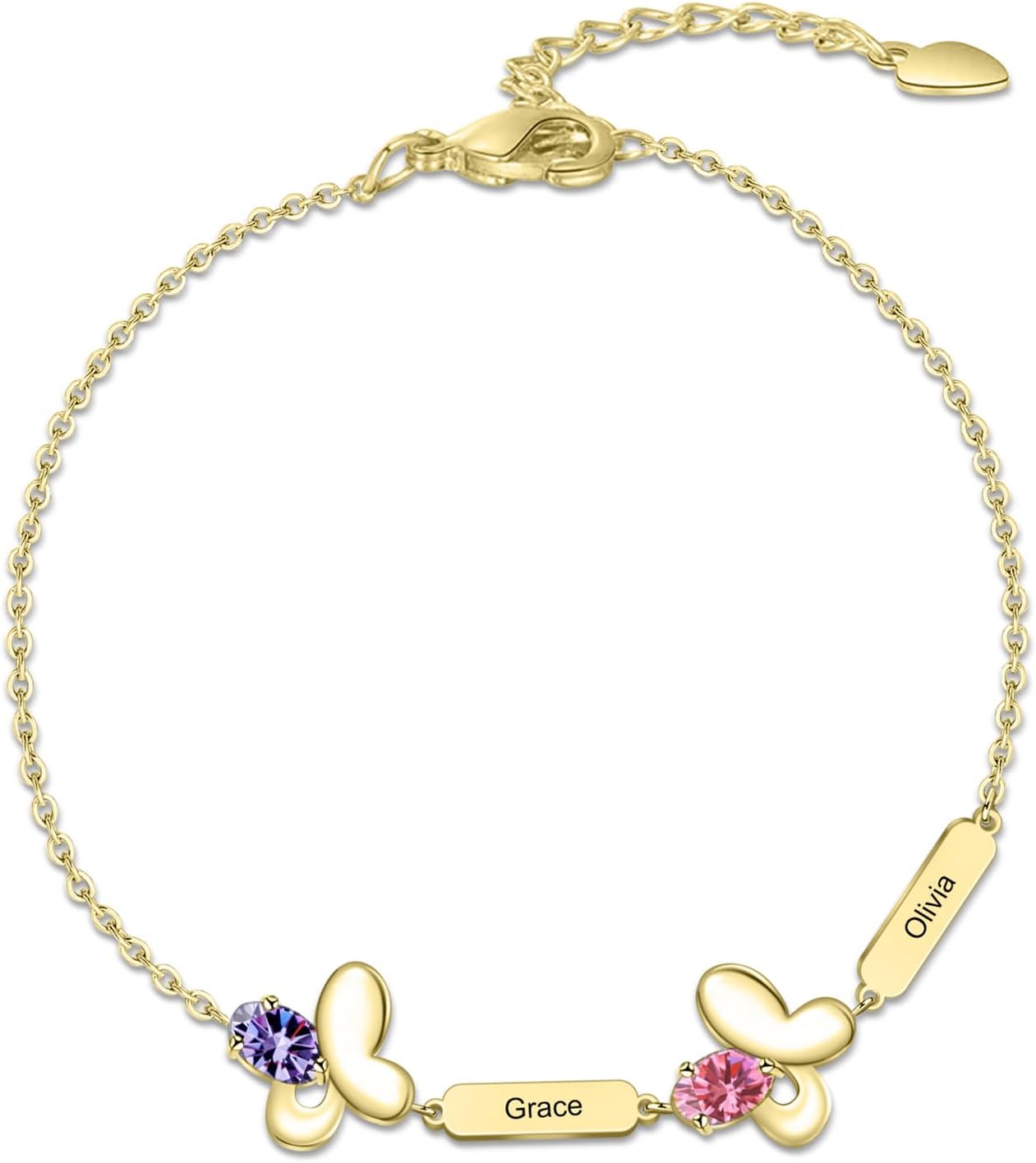 BAUMA AUTO Personalized Butterfly Mothers Bracelets Custom Name Bracelet for Women with 1/2/3/4/5/6 Birthstones Anniversary Mother's Day Birthday for Mother Sister Grandma