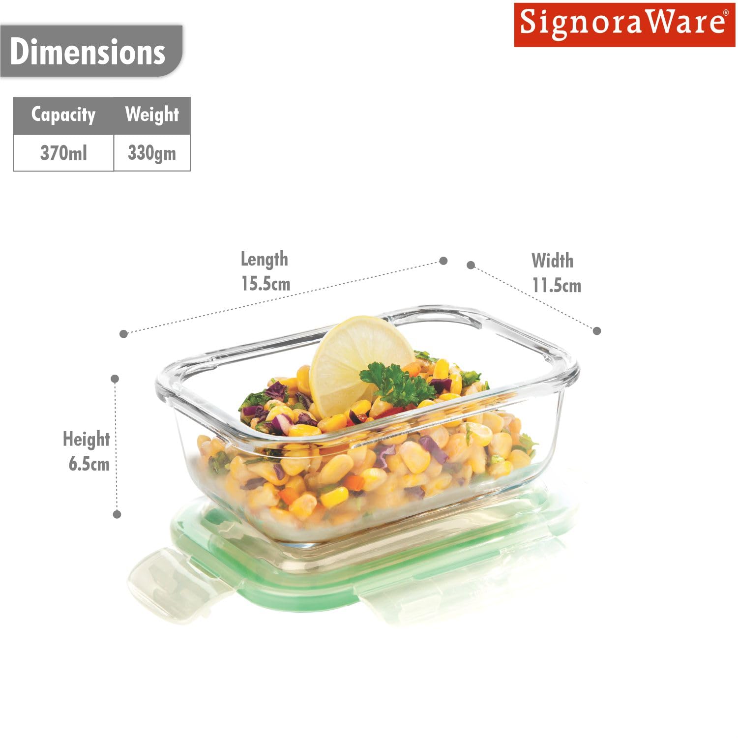 SIGNORA WARE Borosilicate Glass Rectangular Container with Lid, 370ml, Clear, Microwave & Freezer Safe, Airtight & Leakproof for Kitchen Use, Lunch Box & Reheating Leftovers — Amazon image 2
