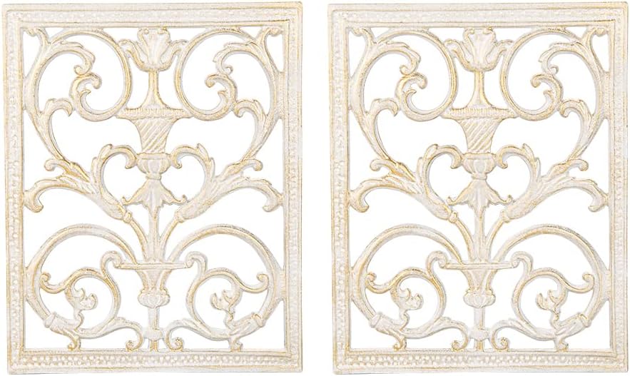 Sungmor 2PC Beautiful Floral Carved Scroll Wall Décor 12" x 15" Large Pretty Metal Hanging, Solid Wall Mount Decorative Sculpture, Gorgeous Vintage Wall Art Living Room Hallway Bedroom Home Decoration