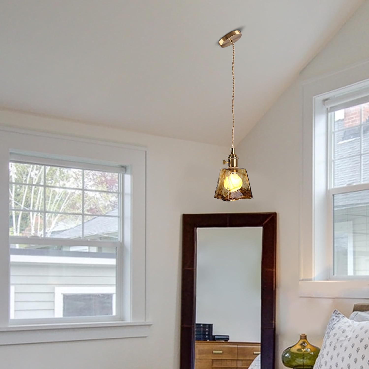 Sedelan Glass Pendant Light, Brass Vintage Pendant Lights, E26 Rustic Pendant Hanging Lamp for Kitchen Island Dining Room Living Room Bedroom Bathroom