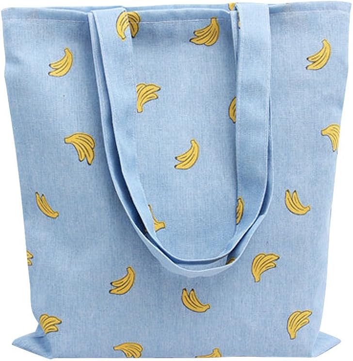 Women's Cotton Banana Print Blue Canvas Tote Shopping Bag, Tote-no Closure, Medium