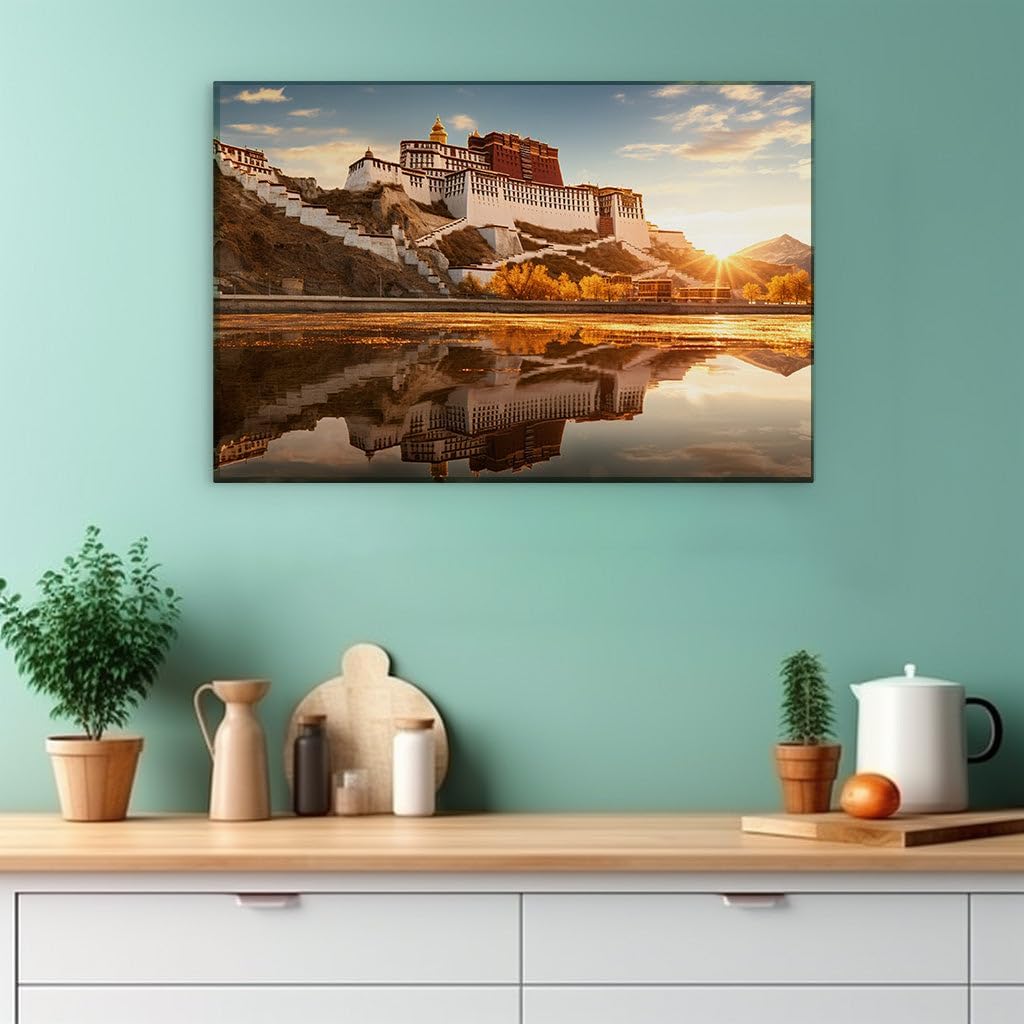 Canvas for Living room. Majestic Potala Palace Rising Over Lhasa Skyline with Serene Reflective Waters, 27 x 18 inch Canvas Wall Art - Modern Home Decor