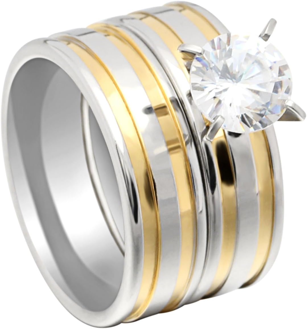 Ginger Lyne Collection Fawn Wedding Ring Set for Women 2pcsTwo Tone Wide Stainless Steel Engagement Ring and Matching Wedding Ring Band | Bridal Jewelry for Her