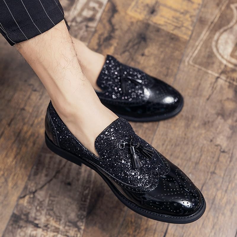HOOENG Formal Shoes for Men Slip On Round Toe PU Leather Brogue Embossed Patchwork Tassel Non Slip Anti-Slip Block Heel Working(Color:Black,Size:12)3