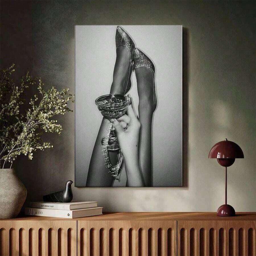 Peinture sur toile décoration dortoir moderne, affiche femme buvant du vin noir et blanc 80x110