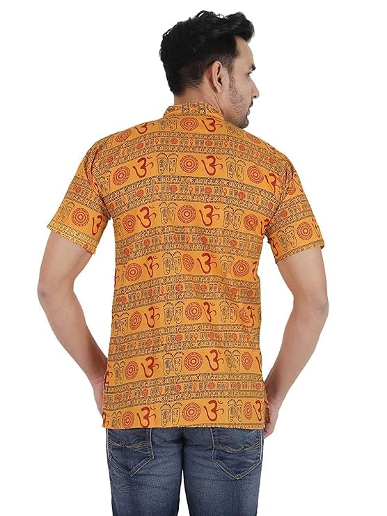 Image of THE MAKKI Trends - Om Printed Kurta for Men & Boys | Cotton Half Sleeve Mahadev Mahakal Kurta T-Shirt for Events, Festivals, and Religious Ceremonies (Regular)