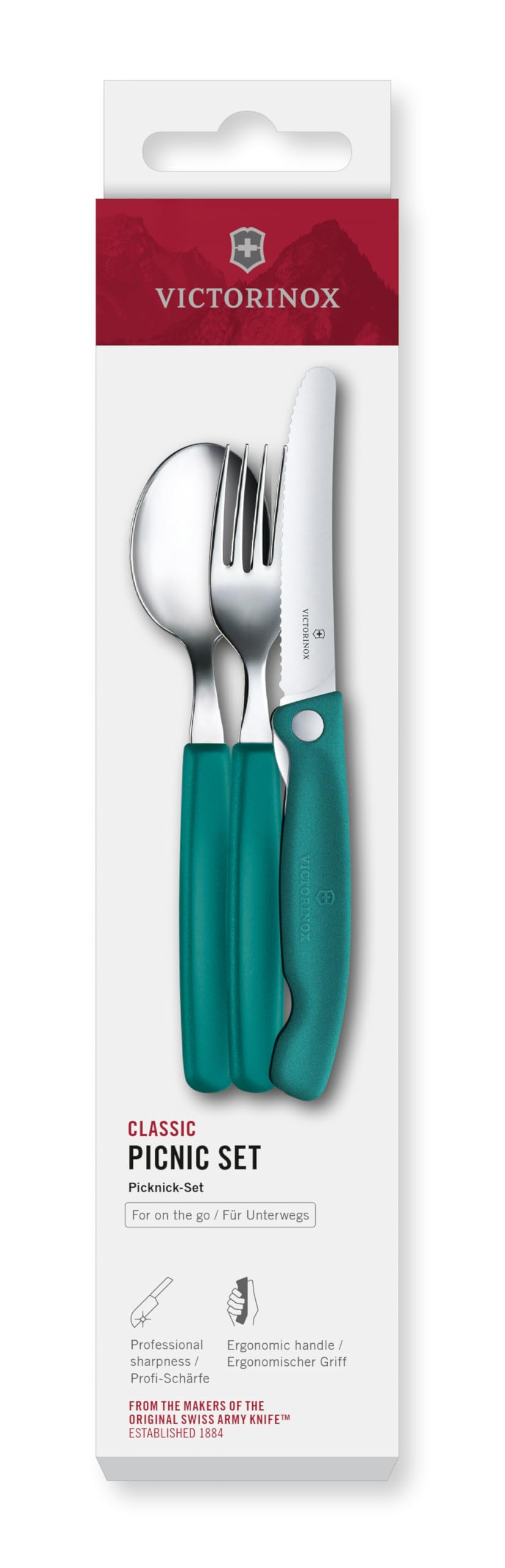 Victorinox Classic Picknick Besteck-Set, 3-teilig, Reisebesteck, Inkl. Klappbarem Messer, Gabel und Löffel, Robuste Kunststoffgriffe, Grün