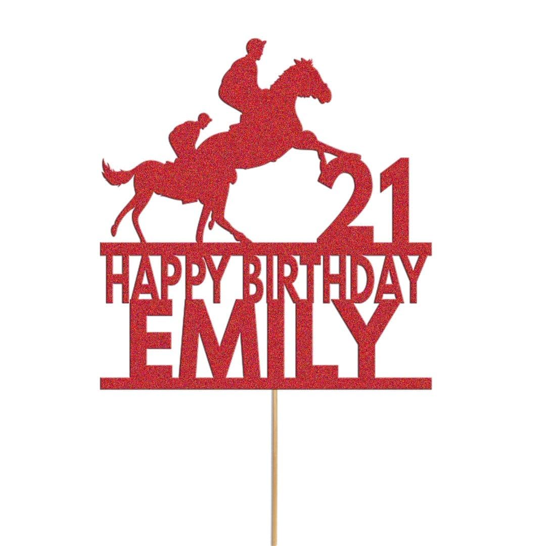 Personalised Horse Racing Birthday Cake Topper Decoration | Custom Name & Age | Horse Racing Party Cake Decor | Glitter Card Topper for Kids & Adults (Red)
